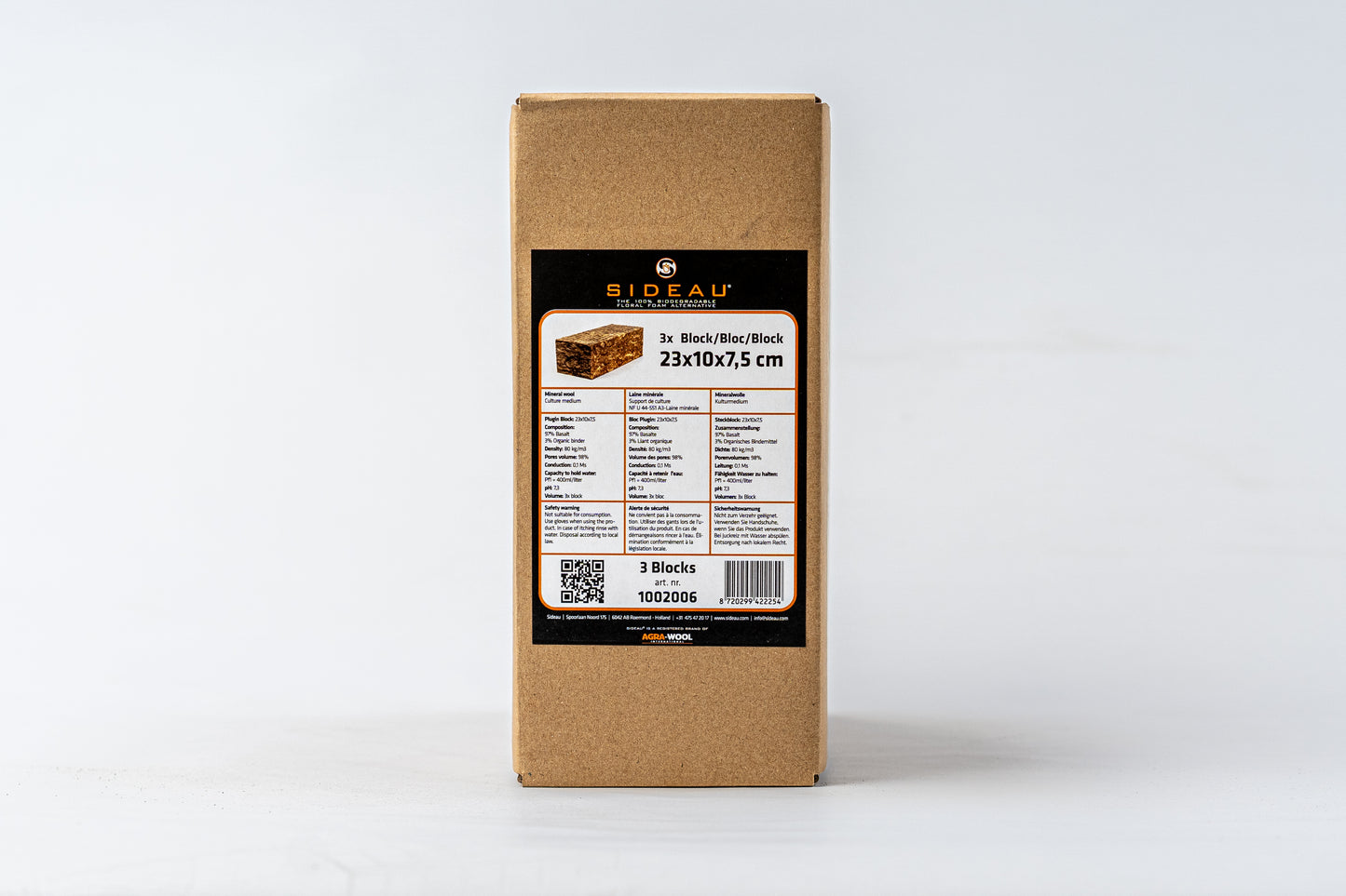 Sideau Biodegradable Floral Foam Alternative – 3 Blocks in a Box, front label view