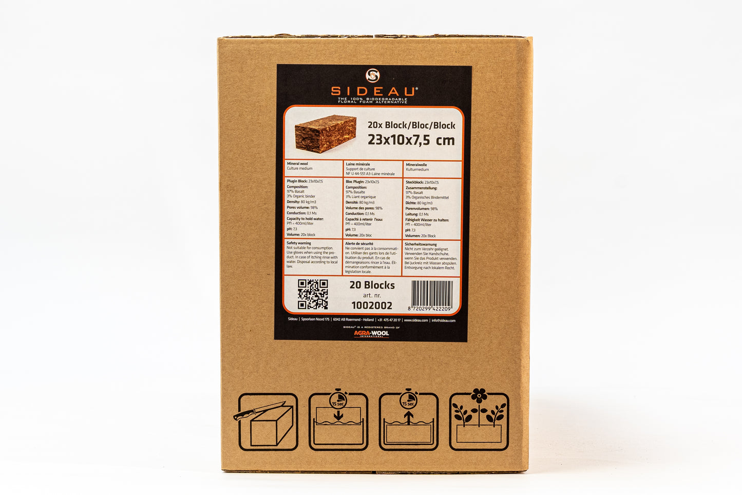 Close-up of the product label on the Sideau biodegradable floral foam alternative box for 20 blocks.