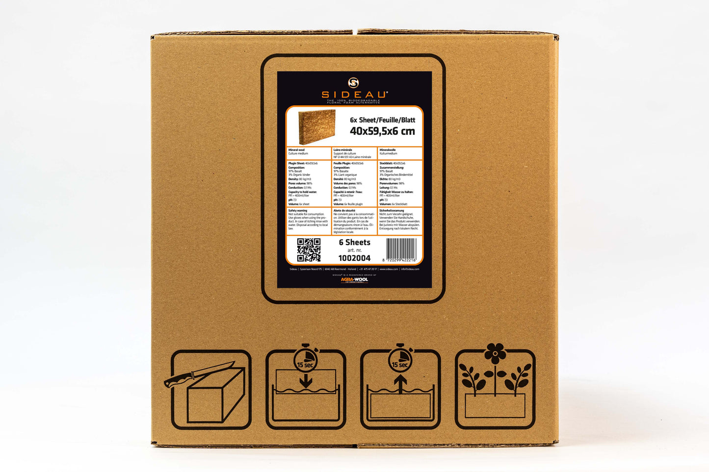 Front label of the Sideau biodegradable floral foam alternative box containing 6 sheets, displaying product details.